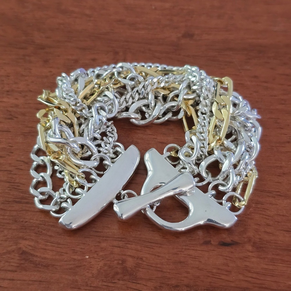 Two Tone Multi Strand Layered Chain Toggle Bracelet Silver Gold Mixed Link 7"